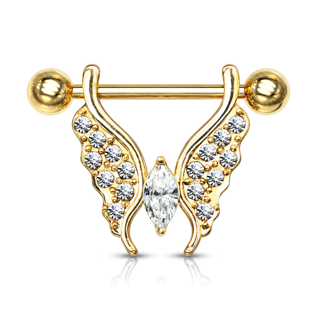 Marquise Crystal Center Crystal Paved Butterfly Surgical Steel Barbell Nipple Rings